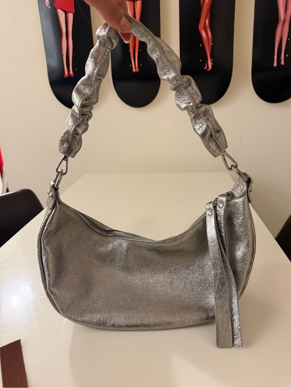 Metallic Silver Shoulder Bag with Scrunch Handle